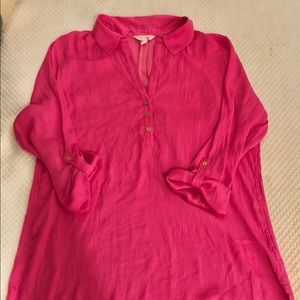 Lilly Pulitzer Hot Pink Roll-Sleeve Tunic Blouse